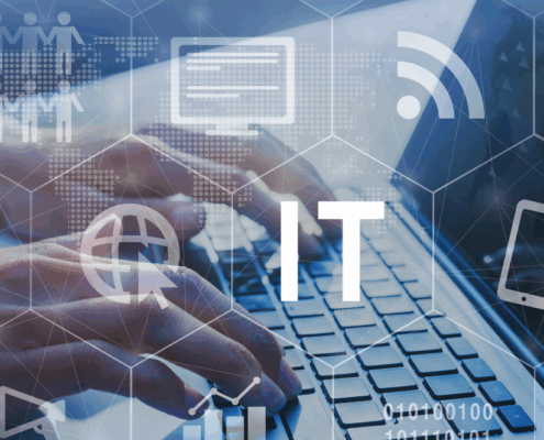 The term "IT" illustrating the integration of technology services in business practices and support.