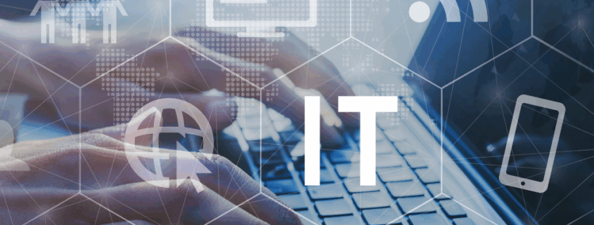 The term "IT" illustrating the integration of technology services in business practices and support.