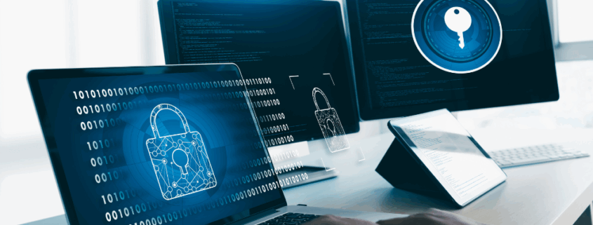 A person using a laptop with a keypad, focused on firewall security settings displayed on the screen.